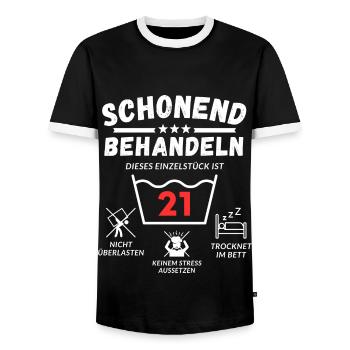 Schonend behandeln - dieses Einzelstück ist 21 - Männer Kontrast-T-Shirt - Schwarz/Weiß - Vorne - AI Model Female 172 light (172cm) & AI Model Male 178 light (178cm)