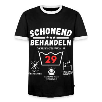 Schonend behandeln - dieses Einzelstück ist 29 - Männer Kontrast-T-Shirt - Schwarz/Weiß - Vorne - AI Model Female 172 light (172cm) & AI Model Male 178 light (178cm)