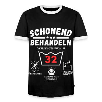 Schonend behandeln - dieses Einzelstück ist 32 - Männer Kontrast-T-Shirt - Schwarz/Weiß - Vorne - AI Model Female 172 light (172cm) & AI Model Male 178 light (178cm)