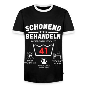 Schonend behandeln - dieses Einzelstück ist 41 - Männer Kontrast-T-Shirt - Schwarz/Weiß - Vorne - AI Model Female 172 light (172cm) & AI Model Male 178 light (178cm)