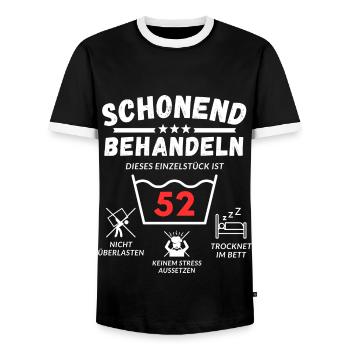 Schonend behandeln - dieses Einzelstück ist 52 - Männer Kontrast-T-Shirt - Schwarz/Weiß - Vorne - AI Model Female 172 light (172cm) & AI Model Male 178 light (178cm)