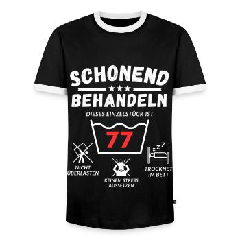 Schonend behandeln - dieses Einzelstück ist 77 - Männer Kontrast-T-Shirt - Schwarz/Weiß - Vorne - AI Model Female 172 light (172cm) & AI Model Male 178 light (178cm)