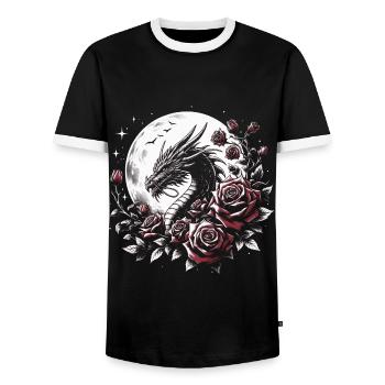 Dragon with roses and full moon - Men's Ringer Shirt - black/white - Front - AI Model Female 172 light (172cm) & AI Model Male 178 light (178cm)