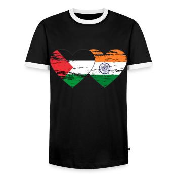 Palestine India Flag Heart Used - Men's Ringer Shirt - black/white - Front - AI Model Female 172 light (172cm) & AI Model Male 178 light (178cm)