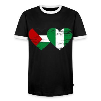 Drapeau de la Palestine et du Nigeria utilisé - T-shirt contrasté Homme - noir/blanc - Devant - AI Model Female 172 light (172cm) & AI Model Male 178 light (178cm)