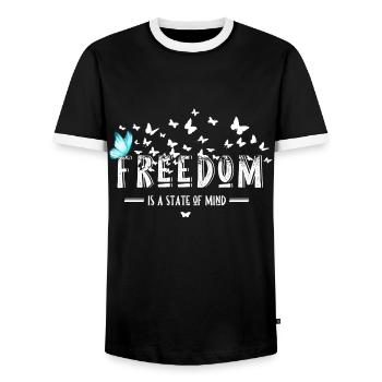 Freedom Peace Justice Love Butterfly - Men's Ringer Shirt - black/white - Front - AI Model Female 172 light (172cm) & AI Model Male 178 light (178cm)