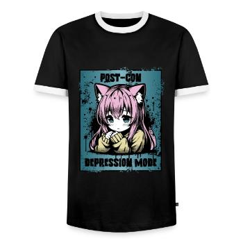 Anime Manga Girl // Post-Con Depression // AS003 - Men's Ringer Shirt - black/white - Front - AI Model Female 172 light (172cm) & AI Model Male 178 light (178cm)
