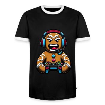 Angry Gingerbread Gamer Christmas Look - Men's Ringer Shirt - black/white - Front - AI Model Female 172 light (172cm) & AI Model Male 178 light (178cm)