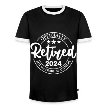 Officially Retired 2024 Not My Problem Anymore - Men's Ringer Shirt - black/white - Front - AI Model Female 172 light (172cm) & AI Model Male 178 light (178cm)