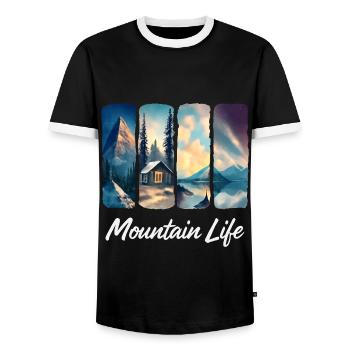 Berglandschaft mit See und Waldhütte - Männer Kontrast-T-Shirt - Schwarz/Weiß - Vorne - AI Model Female 172 light (172cm) & AI Model Male 178 light (178cm)