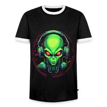 Alien avec des écouteurs Extraterrestrial DJ Music - T-shirt contrasté Homme - noir/blanc - Devant - AI Model Female 172 light (172cm) & AI Model Male 178 light (178cm)