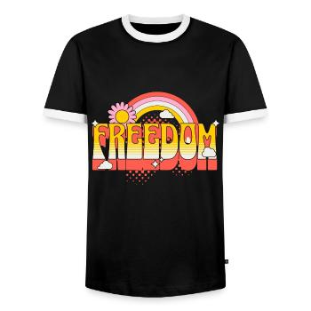 Freedom, Peace, Justice, Tolerance, Love - Men's Ringer Shirt - black/white - Front - AI Model Female 172 light (172cm) & AI Model Male 178 light (178cm)