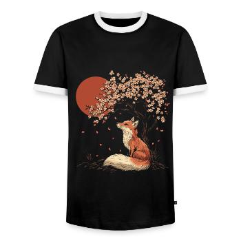 Renard, Sakura, Arbre, Église, Fleur, Japon - T-shirt contrasté Homme - noir/blanc - Devant - AI Model Female 172 light (172cm) & AI Model Male 178 light (178cm)