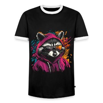 Raccoon with sunglasses and hoodie graffiti style - Men's Ringer Shirt - black/white - Front - AI Model Female 172 light (172cm) & AI Model Male 178 light (178cm)