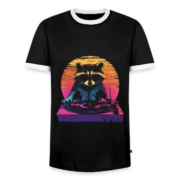 Waschbär mit Sonnenbrille am Turntable DJ Musik - Männer Kontrast-T-Shirt - Schwarz/Weiß - Vorne - AI Model Female 172 light (172cm) & AI Model Male 178 light (178cm)