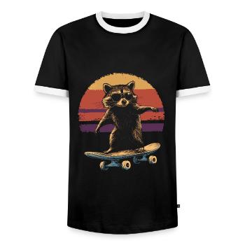 Waschbär auf Skateboard vintage - Männer Kontrast-T-Shirt - Schwarz/Weiß - Vorne - AI Model Female 172 light (172cm) & AI Model Male 178 light (178cm)
