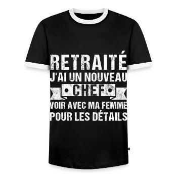 Retraité j' ai un nouveau chef humour retraite - T-shirt contrasté Homme - noir/blanc - Devant - AI Model Female 172 light (172cm) & AI Model Male 178 light (178cm)