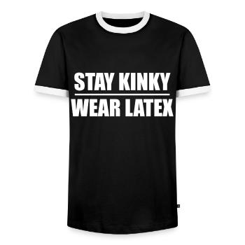 Font Design "Stay Kinky - Wear Latex" - Men's Ringer Shirt - black/white - Front - AI Model Female 172 light (172cm) & AI Model Male 178 light (178cm)