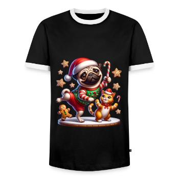 Mops Tanzt mit Katze & Lebkuchenmann Xmas - Männer Kontrast-T-Shirt - Schwarz/Weiß - Vorne - AI Model Female 172 light (172cm) & AI Model Male 178 light (178cm)