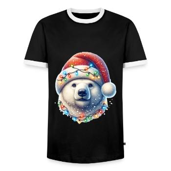 Christmas Polar Bear Santa Hat Fairy Lights - Men's Ringer Shirt - black/white - Front - AI Model Female 172 light (172cm) & AI Model Male 178 light (178cm)