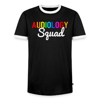 Audiology squad, audiologist - Men's Ringer Shirt - black/white - Front - AI Model Female 172 light (172cm) & AI Model Male 178 light (178cm)