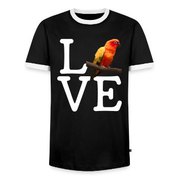 i love conure, parrot sun conure - Men's Ringer Shirt - black/white - Front - AI Model Female 172 light (172cm) & AI Model Male 178 light (178cm)