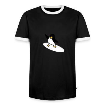Surfer Pinguin / penguin (3c) - Männer Kontrast-T-Shirt - Schwarz/Weiß - Vorne - AI Model Female 172 light (172cm) & AI Model Male 178 light (178cm)