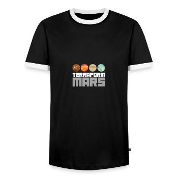 Occupy Mars Terraforming Retro Aeronautics Space - Men's Ringer Shirt - black/white - Front - AI Model Female 172 light (172cm) & AI Model Male 178 light (178cm)