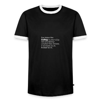 Gulag Warzone King Gamer Meme Gift Idea - Men's Ringer Shirt - black/white - Front - AI Model Female 172 light (172cm) & AI Model Male 178 light (178cm)
