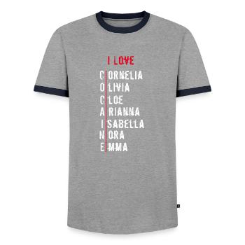 iLove Cocaine | White text - Men's Ringer Shirt - grey/navy  - Front - AI Model Female 172 light (172cm) & AI Model Male 178 light (178cm)