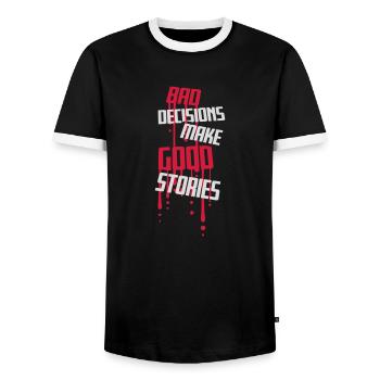 bad decisions great stories - Men's Ringer Shirt - black/white - Front - AI Model Female 172 light (172cm) & AI Model Male 178 light (178cm)