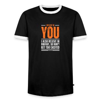 Sarcastic I Believe In You Bigfoot - Men's Ringer Shirt - black/white - Front - AI Model Female 172 light (172cm) & AI Model Male 178 light (178cm)