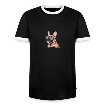 French Bulldog with Sunglasses - Men's Ringer Shirt - black/white - Front - AI Model Female 172 light (172cm) & AI Model Male 178 light (178cm)