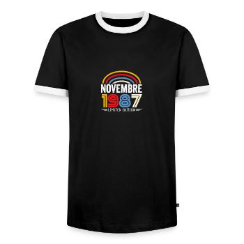 1987 November Birthday Gift. November 1987 - Men's Ringer Shirt - black/white - Front - AI Model Female 172 light (172cm) & AI Model Male 178 light (178cm)