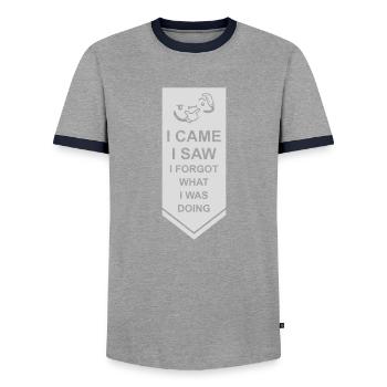I came saw forget - Men's Ringer Shirt - grey/navy  - Front - AI Model Female 172 light (172cm) & AI Model Male 178 light (178cm)