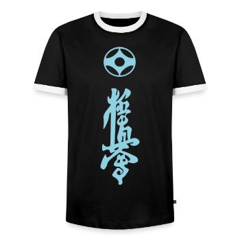 Kyokushin Kaikan Kanji Design in blue - Men's Ringer Shirt - black/white - Front - AI Model Female 172 light (172cm) & AI Model Male 178 light (178cm)