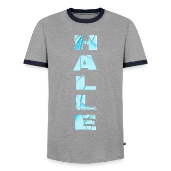 Hall Germany City Font Skyline Home - Men's Ringer Shirt - grey/navy  - Front - AI Model Female 172 light (172cm) & AI Model Male 178 light (178cm)