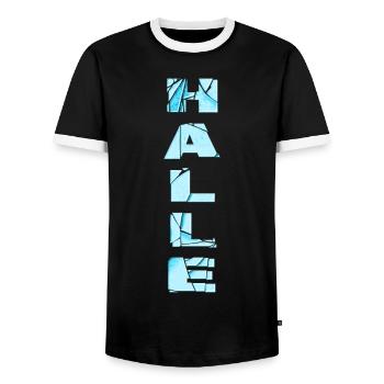 Hall Germany City Font Skyline Home - Men's Ringer Shirt - black/white - Front - AI Model Female 172 light (172cm) & AI Model Male 178 light (178cm)