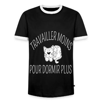 Travailler moins dormir humour jeu de mots cadeau - T-shirt contrasté Homme - noir/blanc - Devant - AI Model Female 172 light (172cm) & AI Model Male 178 light (178cm)