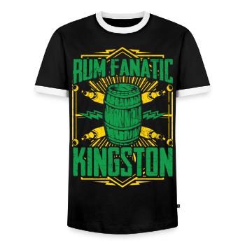 T-shirt Rum Fanatic - Kingston, Jamaica - Men's Ringer Shirt - black/white - Front - AI Model Female 172 light (172cm) & AI Model Male 178 light (178cm)