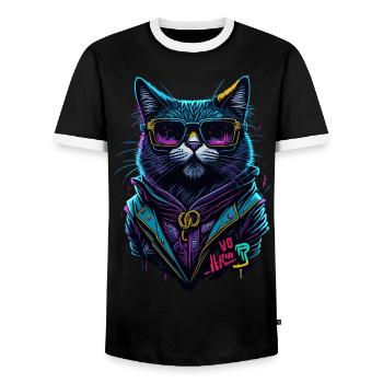 Cyber cool Cat - Männer Kontrast-T-Shirt - Schwarz/Weiß - Vorne - AI Model Female 172 light (172cm) & AI Model Male 178 light (178cm)