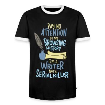 Funny Writing Gift - Storyteller Pay No Attenton - Men's Ringer Shirt - black/white - Front - AI Model Female 172 light (172cm) & AI Model Male 178 light (178cm)