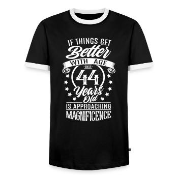 When things get better with age - Men's Ringer Shirt - black/white - Front - AI Model Female 172 light (172cm) & AI Model Male 178 light (178cm)