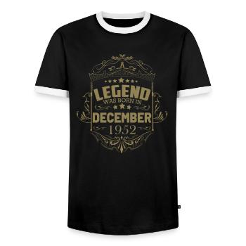 A legend was born in December 1952 70 - Men's Ringer Shirt - black/white - Front - AI Model Female 172 light (172cm) & AI Model Male 178 light (178cm)
