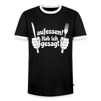 Koch Shirt Aufessen ! Hab ich gesagt - Männer Kontrast-T-Shirt - Schwarz/Weiß - Vorne - AI Model Female 172 light (172cm) & AI Model Male 178 light (178cm)