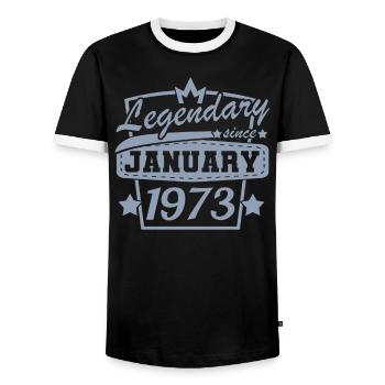 Legendary since January 1973 Retro - Men's Ringer Shirt - black/white - Front - AI Model Female 172 light (172cm) & AI Model Male 178 light (178cm)