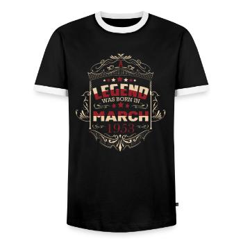 Une légende est née en mars 1953 - T-shirt contrasté Homme - noir/blanc - Devant - AI Model Female 172 light (172cm) & AI Model Male 178 light (178cm)
