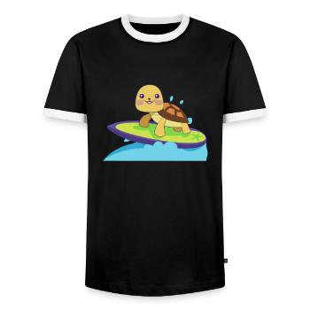 Turtle on surfboard - Men's Ringer Shirt - black/white - Front - AI Model Female 172 light (172cm) & AI Model Male 178 light (178cm)