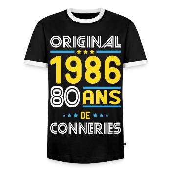 Original – 1986 – 40 ans de conneries - T-shirt contrasté Homme - noir/blanc - Devant - AI Model Female 172 light (172cm) & AI Model Male 178 light (178cm)