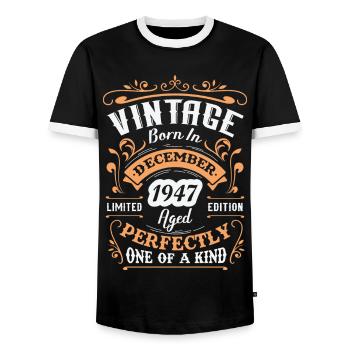 Cadeau d'anniversaire, Vintage né en Décembre 1947 - T-shirt contrasté Homme - noir/blanc - Devant - AI Model Female 172 light (172cm) & AI Model Male 178 light (178cm)